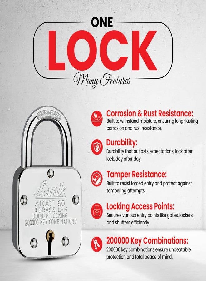 Link® Atoot 60mm Lock | 2 Lakhs Key Combinatiosn | Steel Body | Hardened Shackle | 8 Brass Levers | Made in India |Each Padlock with 3 Silver Keys (Pack of 2) - Image 2